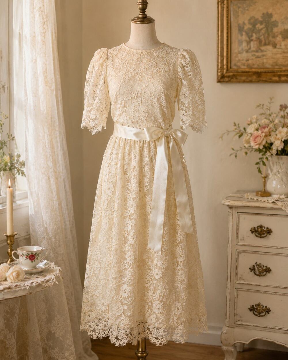 Geri NY Vtg Ivory Lace Midi Dress 14 Lord & Taylor Coquette Bridal Puff Sleeve